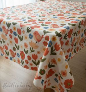 ПОКРИВКА ЗА МАСА, Лалета и птички, ХИДРОФОБИРАНА