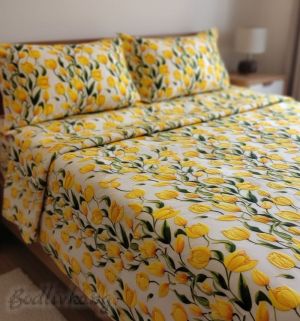 ПРЕДПРОДАЖБА НА СПАЛЕН КОМПЛЕКТ, Лалета в жълто, 100% памук/ 5Д, ранфорс, 4 части