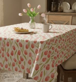 ПОКРИВКА ЗА МАСА,Лалета- на бяла основа , ПАНАМА, 87% памук