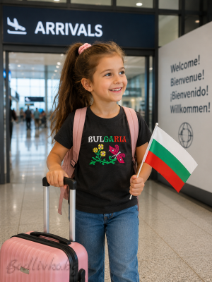 Детска тениска с бродерия, 3-4 год., надпис BULGARIA с цветя и пеперуда, 100% памук