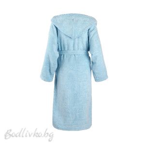 Луксозен халат за баня с бродерия Черна котка, светло синьо, 100% микропамук 